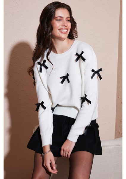 Premium Regular Fit Bisiklet Yaka Fiyonk Detaylı Triko Kazak Bayan Kazak 680KZ00155 fiyatları