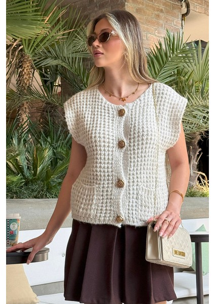 Premium Oversize Fit Bisiklet Yaka Düğmeli Örgü Yelek Bayan Yelek 680YL1416