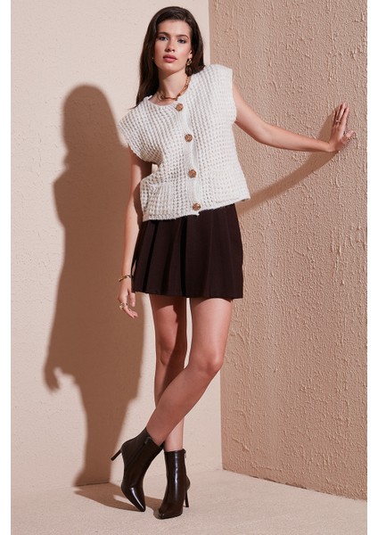 Premium Oversize Fit Bisiklet Yaka Düğmeli Örgü Yelek Bayan Yelek 680YL1416 modelleri