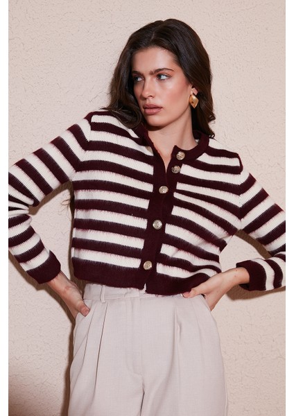 Çizgili Oversize Fit Bisiklet Yaka Düğmeli Crop Triko Hırka Bayan Hırka 4615567