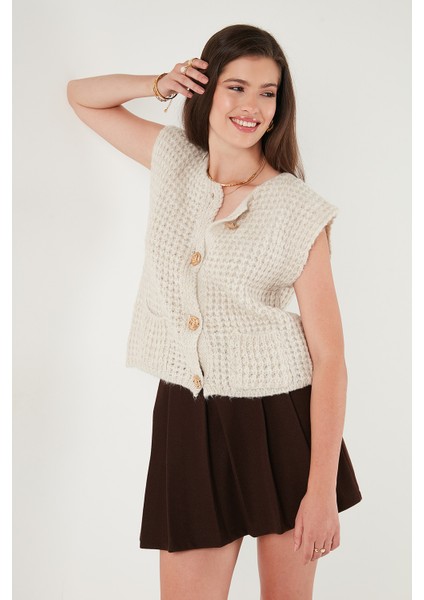 Premium Oversize Fit Bisiklet Yaka Düğmeli Örgü Yelek Bayan Yelek 680YL1416 fırsatları