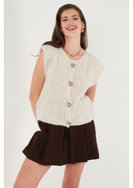 Premium Oversize Fit Bisiklet Yaka Düğmeli Örgü Yelek Bayan Yelek 680YL1416 indirimleri