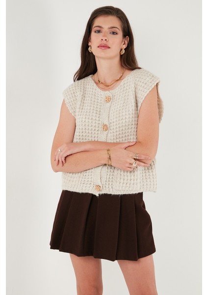 Premium Oversize Fit Bisiklet Yaka Düğmeli Örgü Yelek Bayan Yelek 680YL1416