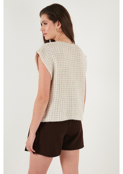 Premium Oversize Fit Bisiklet Yaka Düğmeli Örgü Yelek Bayan Yelek 680YL1416