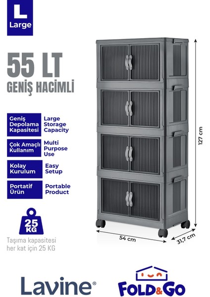 Lavine Fold&go 4'lü Portatif Organizer Tekerlekli Dolap Çok Amaçlı Kapaklı Katlanır ”Antrasit”
