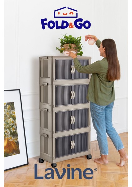 Lavine Fold&go 4'lü Portatif Organizer Tekerlekli Dolap Çok Amaçlı Kapaklı Katlanır ”Antrasit”