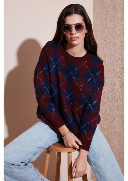 Oversize Fit Bisiklet Yaka Baklava Desenli Kazak Bayan Kazak 4615579