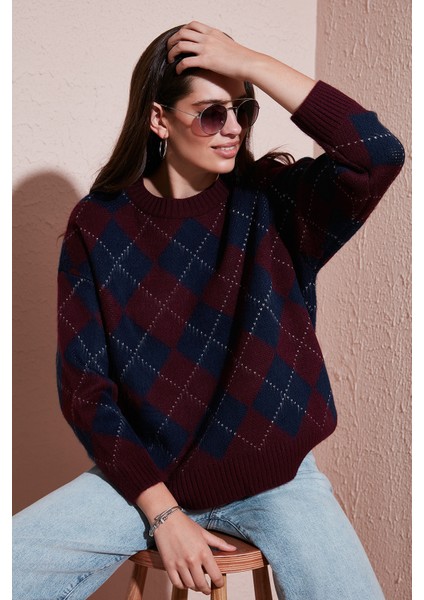 Oversize Fit Bisiklet Yaka Baklava Desenli Kazak Bayan Kazak 4615579 fiyatları