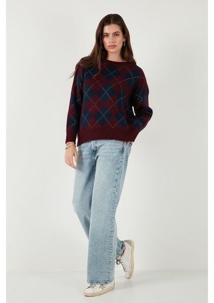 Oversize Fit Bisiklet Yaka Baklava Desenli Kazak Bayan Kazak 4615579 modelleri