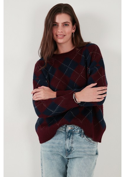 Oversize Fit Bisiklet Yaka Baklava Desenli Kazak Bayan Kazak 4615579 fırsatları