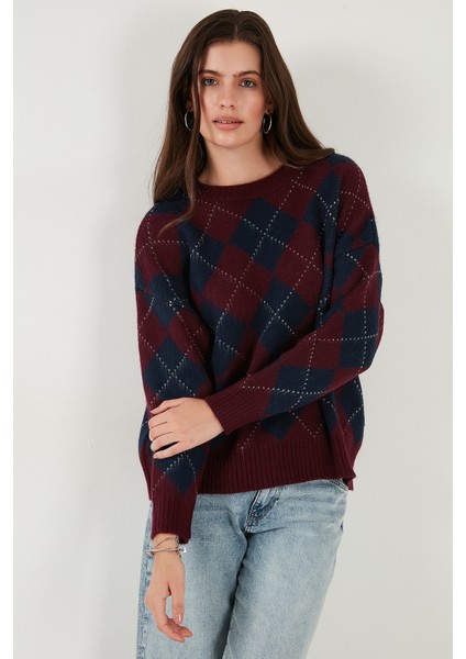 Oversize Fit Bisiklet Yaka Baklava Desenli Kazak Bayan Kazak 4615579 indirimleri