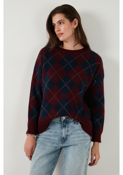 Oversize Fit Bisiklet Yaka Baklava Desenli Kazak Bayan Kazak 4615579