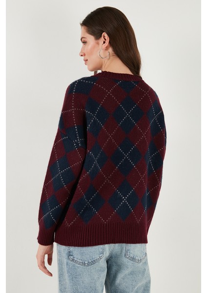 Oversize Fit Bisiklet Yaka Baklava Desenli Kazak Bayan Kazak 4615579