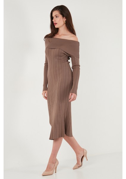 Premium Fitilli Carmen Yaka Slim Fit Midi Boy Triko Elbise Bayan Elbise 680EL00033 modelleri