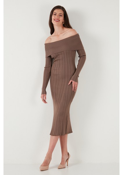 Premium Fitilli Carmen Yaka Slim Fit Midi Boy Triko Elbise Bayan Elbise 680EL00033