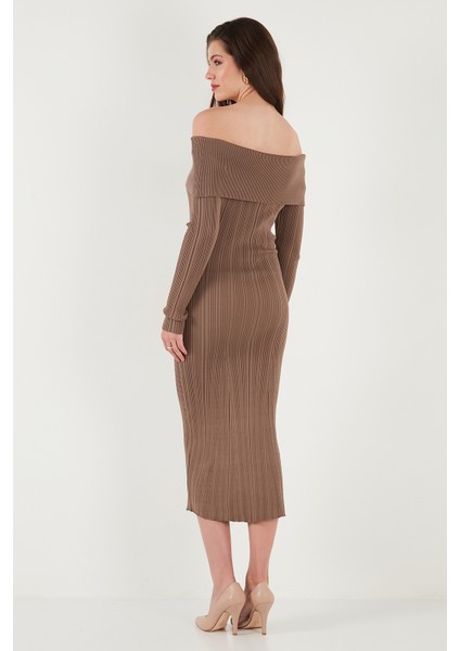 Premium Fitilli Carmen Yaka Slim Fit Midi Boy Triko Elbise Bayan Elbise 680EL00033