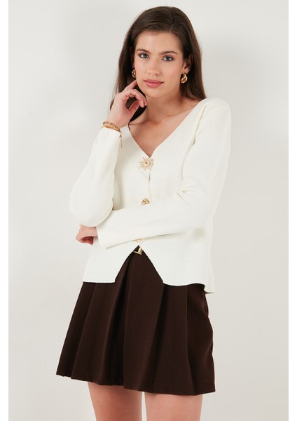 Premium Regular Fit V Yaka Düğmeli Triko Hırka Bayan Hırka 680HI00121