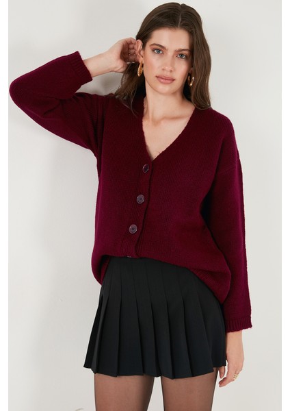 Regular Fit V Yaka Düğmeli Triko Hırka Bayan Hırka 4616229