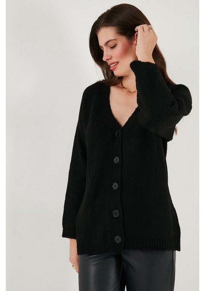 Regular Fit V Yaka Düğmeli Triko Hırka Bayan Hırka 4616229