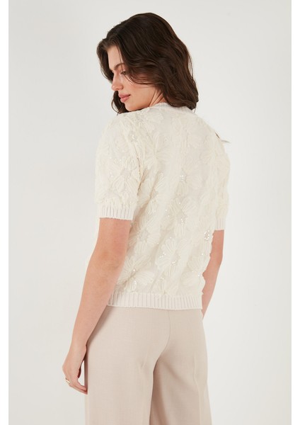 Premium Regular Fit Bisiklet Yaka Tüllü Çiçekli Kısa Kollu Hırka Bayan Hırka 680HI00386