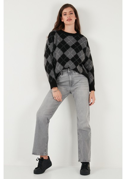 Oversize Fit Bisiklet Yaka Baklava Desenli Kazak Bayan Kazak 4615579 fırsatları