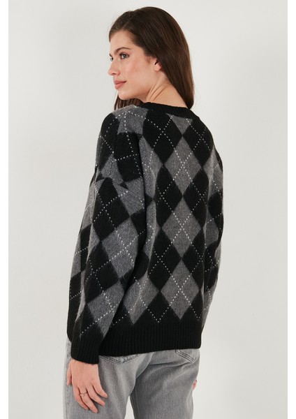 Oversize Fit Bisiklet Yaka Baklava Desenli Kazak Bayan Kazak 4615579