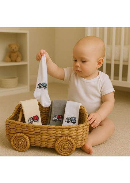 3lü Unisex Bebek & Çocuk Pamuklu Külotlu Çorap Renkli Araba Desenli modelleri