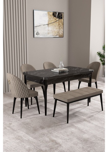 Milas Siyah Mermer Desen 80X132 Açılabilir Mdf Masa Yemek Odası Takımı,mutfak Takımı 4 Sandalye, 1 Bench