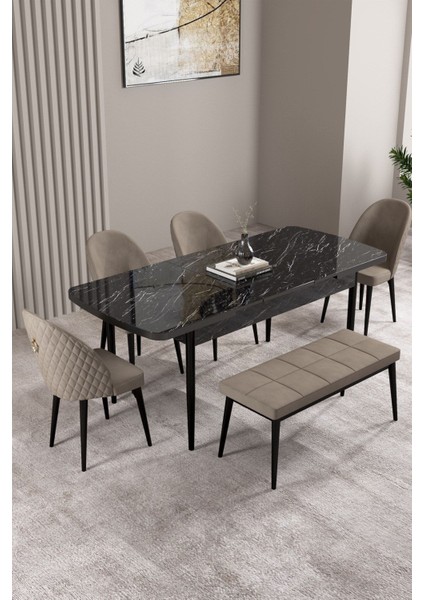 Milas Siyah Mermer Desen 80X132 Açılabilir Mdf Masa Yemek Odası Takımı,mutfak Takımı 4 Sandalye, 1 Bench fiyatları