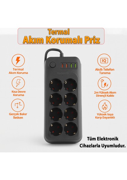 8 Prizli 4 USB Girişli Akım Korumalı Topraklı Golyat Grup Şarj Fiş Priz 2 Metre Uzatma Kablosu