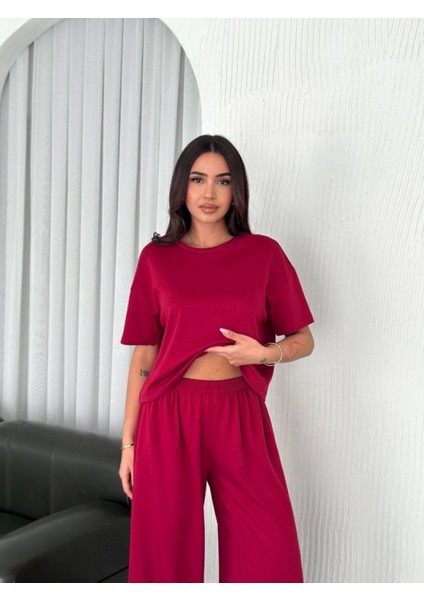 Yumuşak Dokulu Kumaş Bisiklet Yaka Takım - Bordo