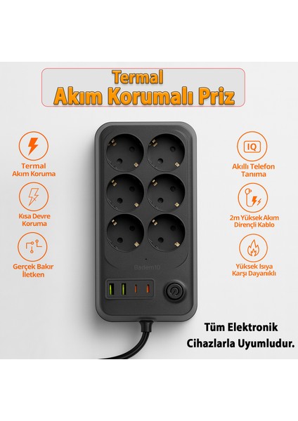 6 Prizli 4 USB Girişli Akım Korumalı Topraklı Golyat Grup Şarj Fiş Priz 2 Metre Uzatma Kablosu