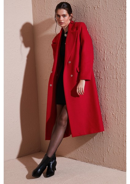 Yün Karışımlı Oversize Kruvaze Yaka Yırtmaçlı Uzun Kaşe Kaban Bayan Kaban 6810235