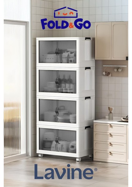 Lavine Fold&Go 4'lü Portatif Organizer Tekerlekli Dolap Çok Amaçlı Kapaklı Katlanır ”pudra”