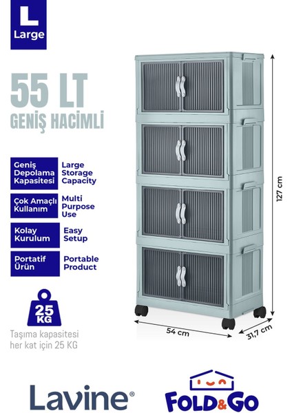 Lavine Fold&Go 4'lü Portatif Organizer Tekerlekli Dolap Çok Amaçlı Kapaklı Katlanır ”mavi”