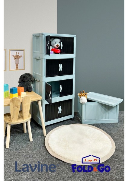 Lavine Fold&Go 4'lü Portatif Organizer Tekerlekli Dolap Çok Amaçlı Kapaklı Katlanır ”mavi” modelleri