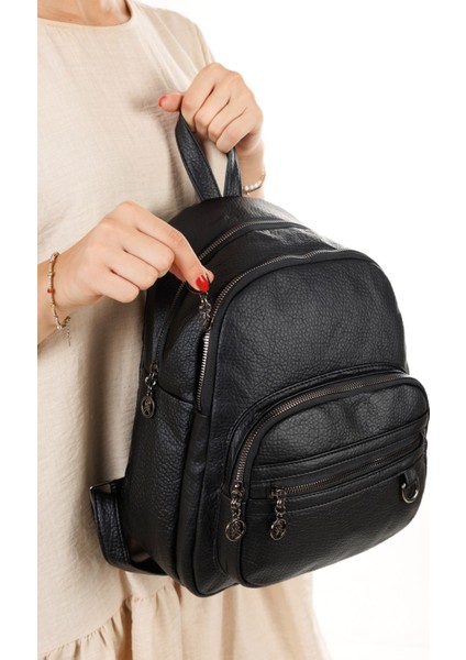 Kadın Deri Ayarlanabilir Askılı Omuz ve Sırt Çantası NEWPOLO353 - Siyah