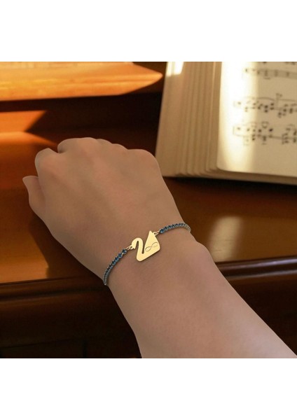 14 Ayar Altın Plakalı Sonsuz Aşk Temalı Mavi Taşlı Kuğu Kuşu Figürlü Hediye BILEKLIK-600SEMBOL