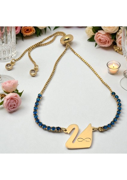 14 Ayar Altın Plakalı Sonsuz Aşk Temalı Mavi Taşlı Kuğu Kuşu Figürlü Hediye BILEKLIK-600SEMBOL fiyatları