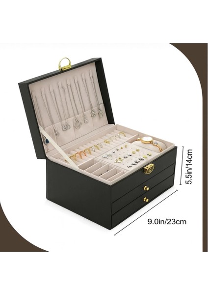 Dışı Deri Içi Kadife Kilitli 2 Çekmeceli Takı Bijuteri Mücevher Kutusu Organizer Düzenleyici Siyah Ithal Ürün indirimleri