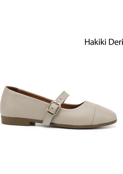Kadın Antik Bej Baskılı Mary Jane Hakiki Deri Babet