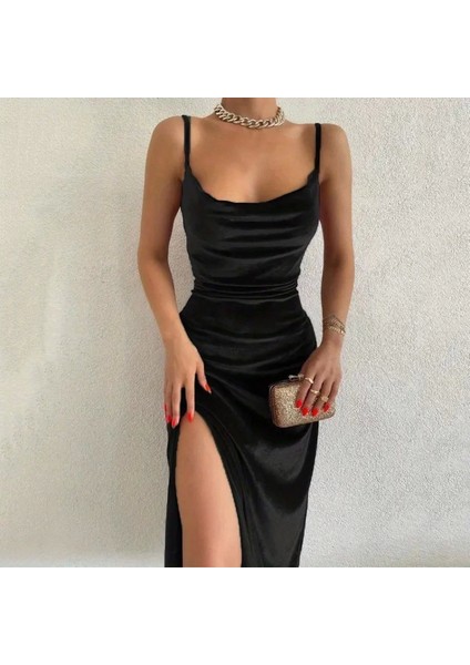 Kadın Askılı Degaje Yakalı Yırtmaçlı Kadife Midi Elbise