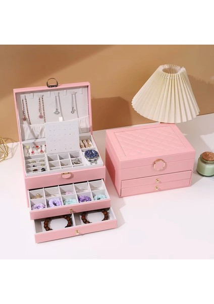 Dışı Deri Içi Kadife Kilitli 2 Çekmeceli Takı Bijuteri Mücevher Kutusu Organizer Düzenleyici Pembe Ithal Ürün