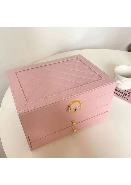 Dışı Deri Içi Kadife Kilitli 2 Çekmeceli Takı Bijuteri Mücevher Kutusu Organizer Düzenleyici Pembe Ithal Ürün fiyatları