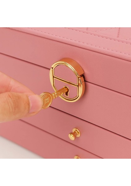 Dışı Deri Içi Kadife Kilitli 2 Çekmeceli Takı Bijuteri Mücevher Kutusu Organizer Düzenleyici Pembe Ithal Ürün modelleri