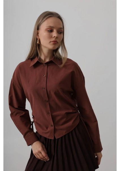 Deri Detaylı Yandan Bağlamalı Basic Gömlek - Koyu Kahve modelleri