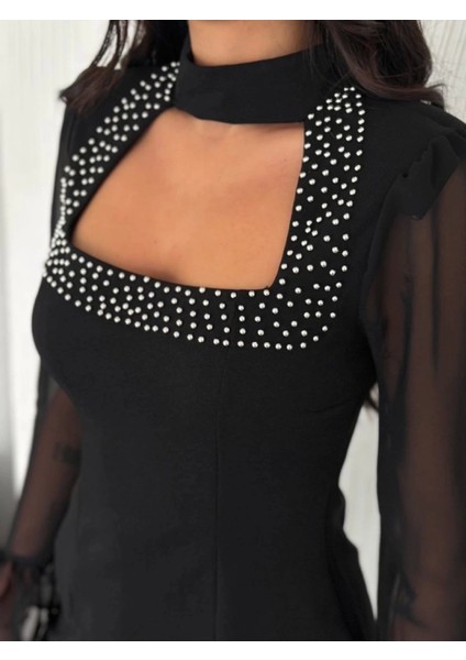 Inci Boncuk Detaylı Şifon Bluz - Siyah