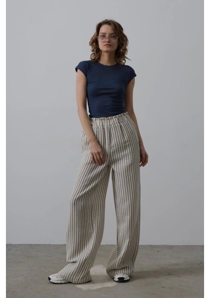Çizgili Pamuklu Pantolon - Bej Lacivert Trend