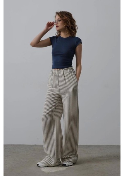 Çizgili Pamuklu Pantolon - Bej Lacivert Trend modelleri