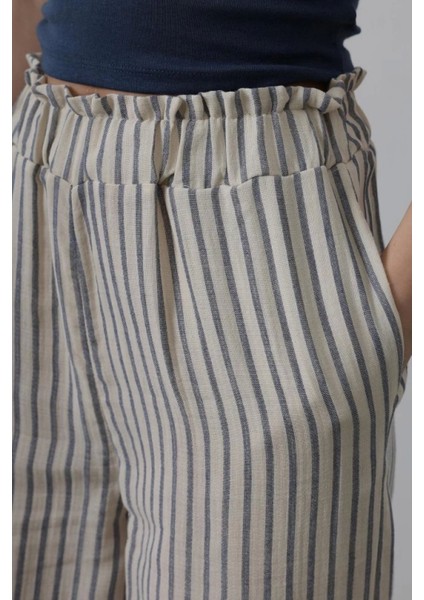 Çizgili Pamuklu Pantolon - Bej Lacivert Trend fırsatları